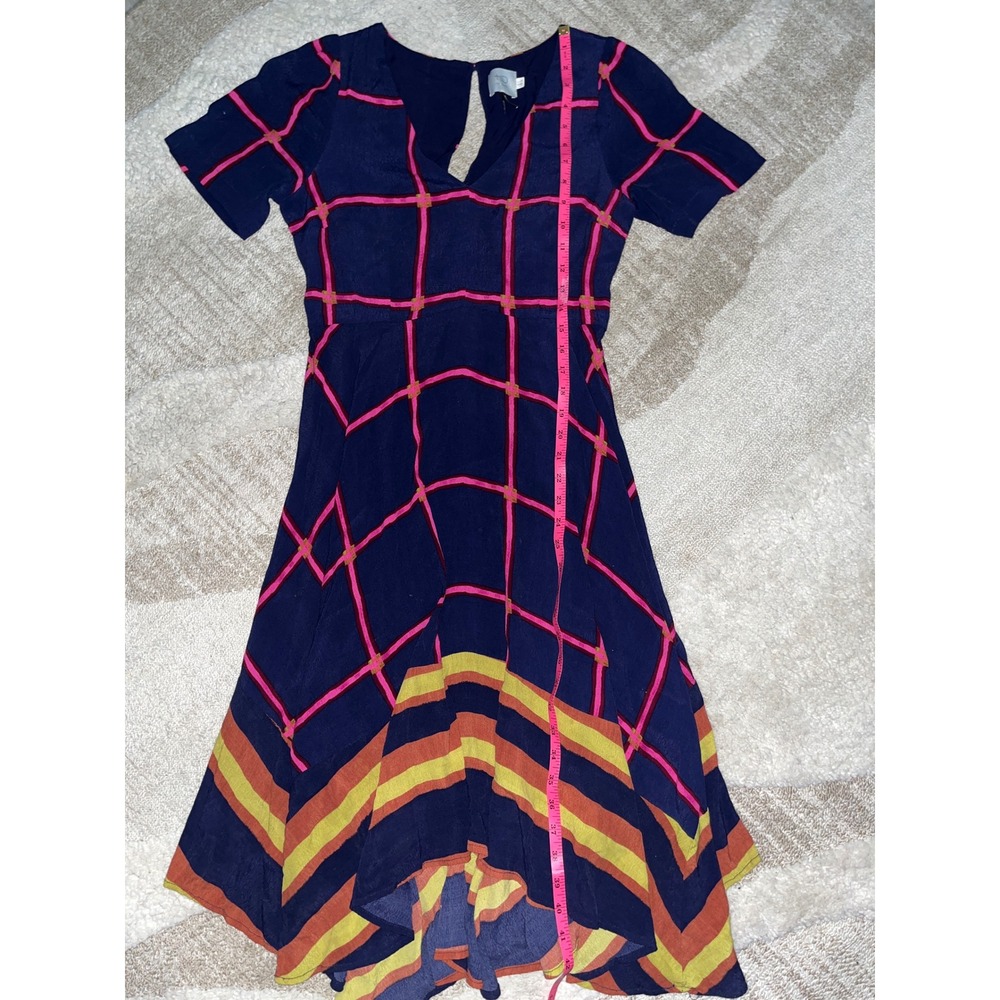 HD in Paris Anthropologie Navy Blue Pink Grid Striped Handkerchief Midi Dress 4 - Picture 6 of 6